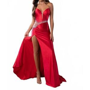 NEW RACHEL ALLAN strapless thigh-high slit prom gown in red
